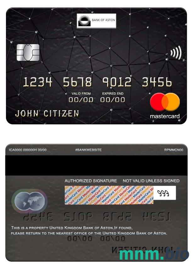 United Kingdom Bank of Aston przykład karty mastercard w formacie PSD